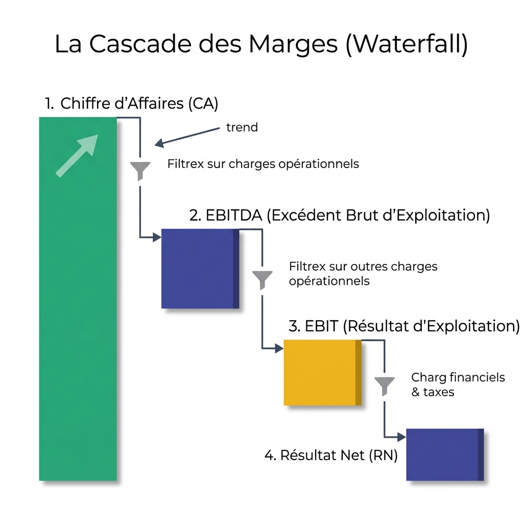 La cascade des marges : CA, EBITDA, EBIT et RN