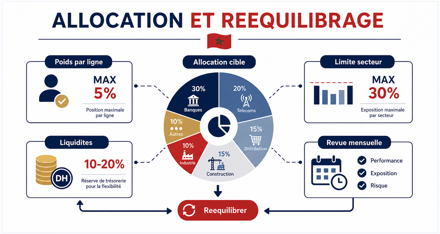 Schéma pédagogique d’allocation cible, limites par ligne, liquidités et rééquilibrage