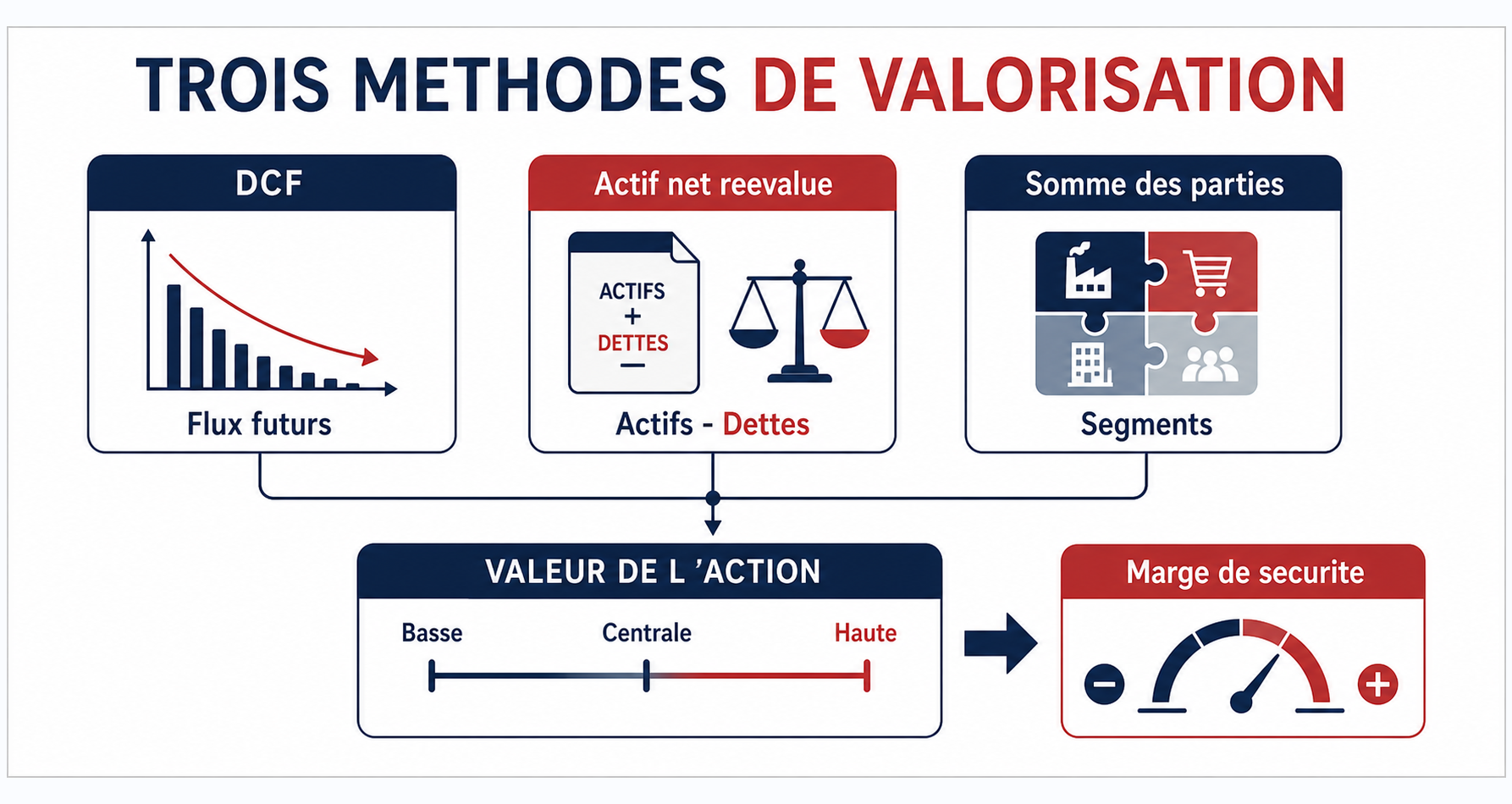 Schéma pédagogique DCF actif net réévalué somme des parties et marge de sécurité